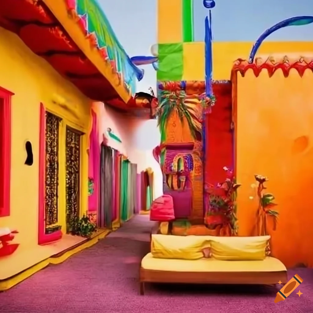 A whimsical Mexican house with vibrant colors and unique furniture on Craiyon