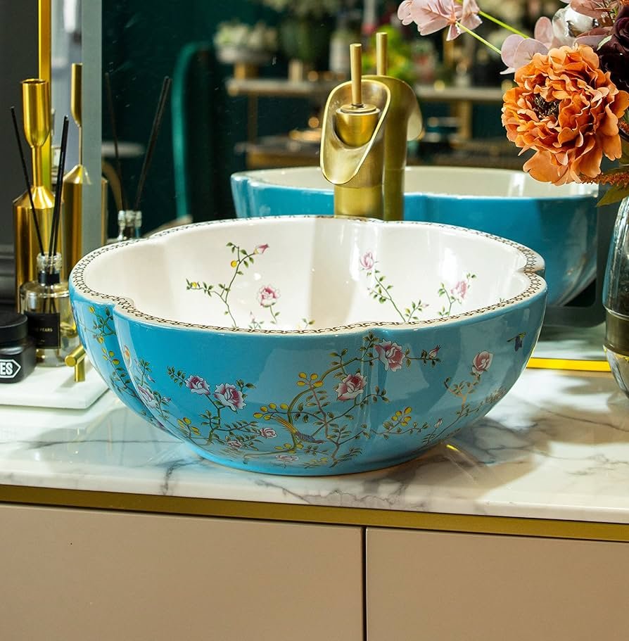Vessel Sink Blue Color Flower and Bird Design Jingdezhen Flower Shape Ceramic Countertop Art Wash Basin for Bathroom,1 Sink Only,Size/Dimensions:H14.5cmxW41.5cm : Amazon.co.uk: DIY & Tools