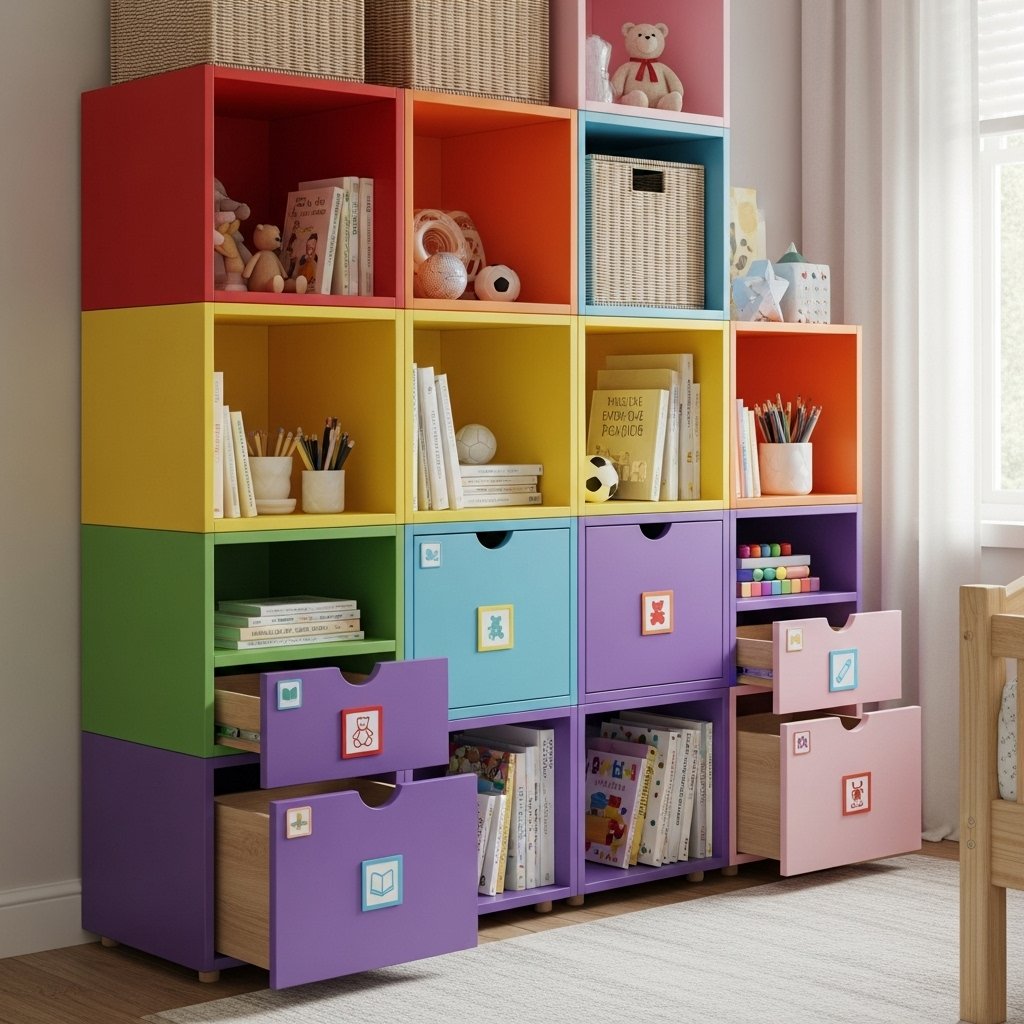 Vibrant multi colored storage units decor