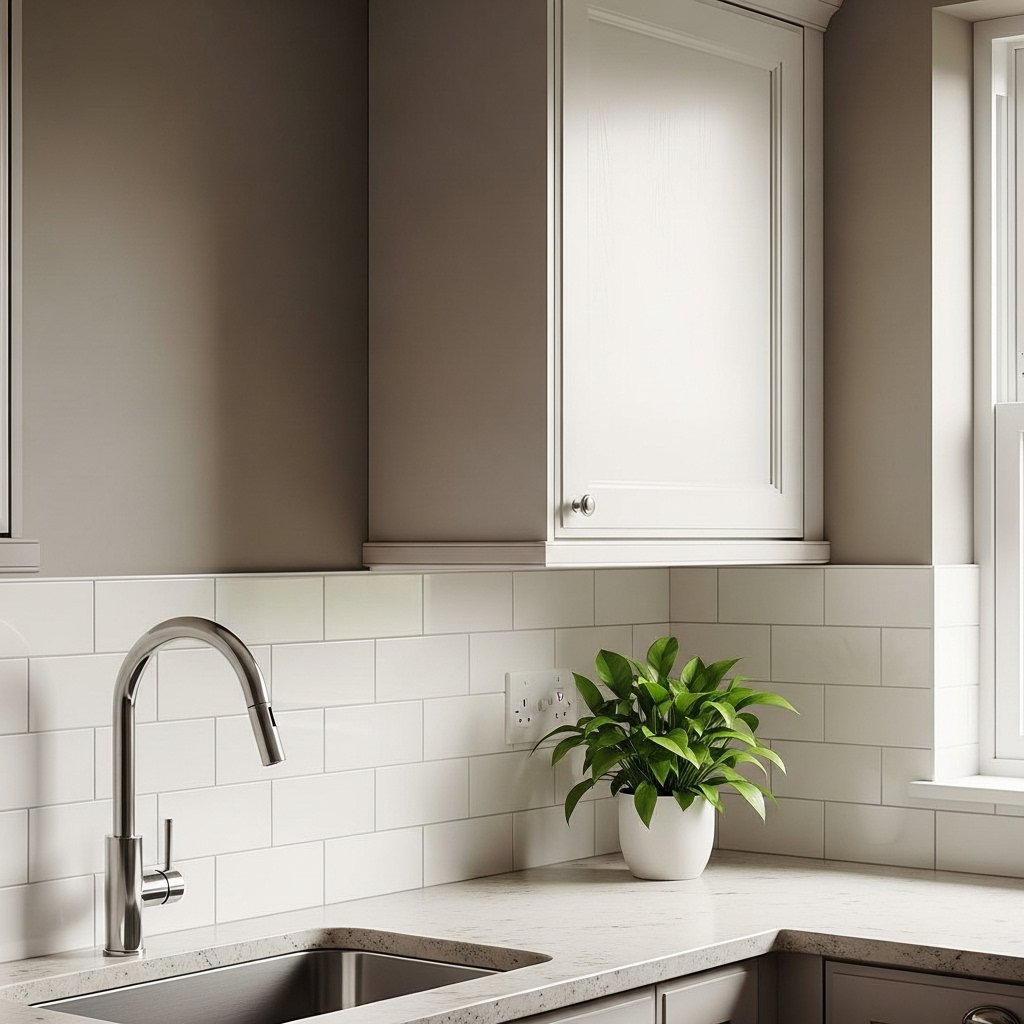 Greige Kitchen Walls with White Backsplash