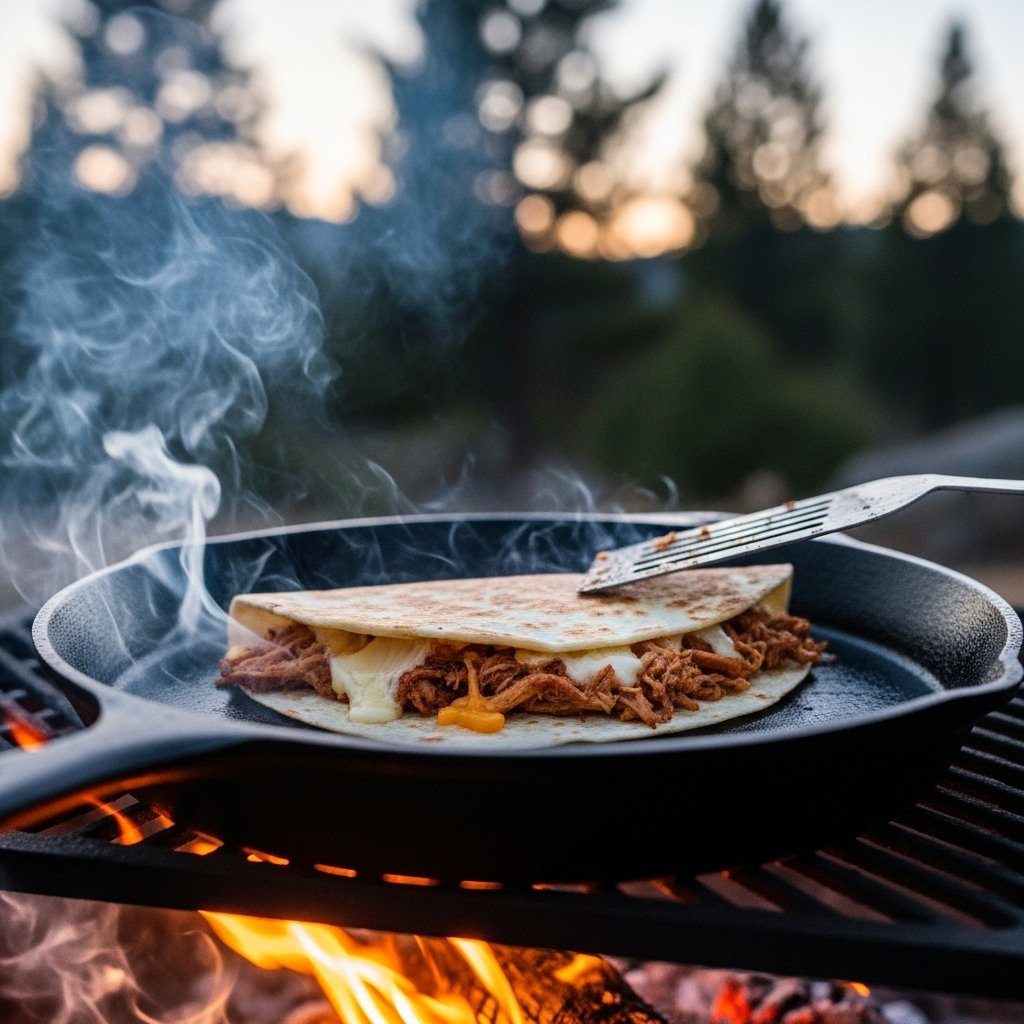 Campfire quesadillas with melted cheese and fillings