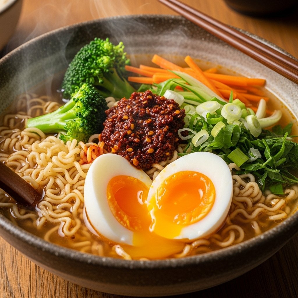 Creamy upgraded instant noodles with toppings
