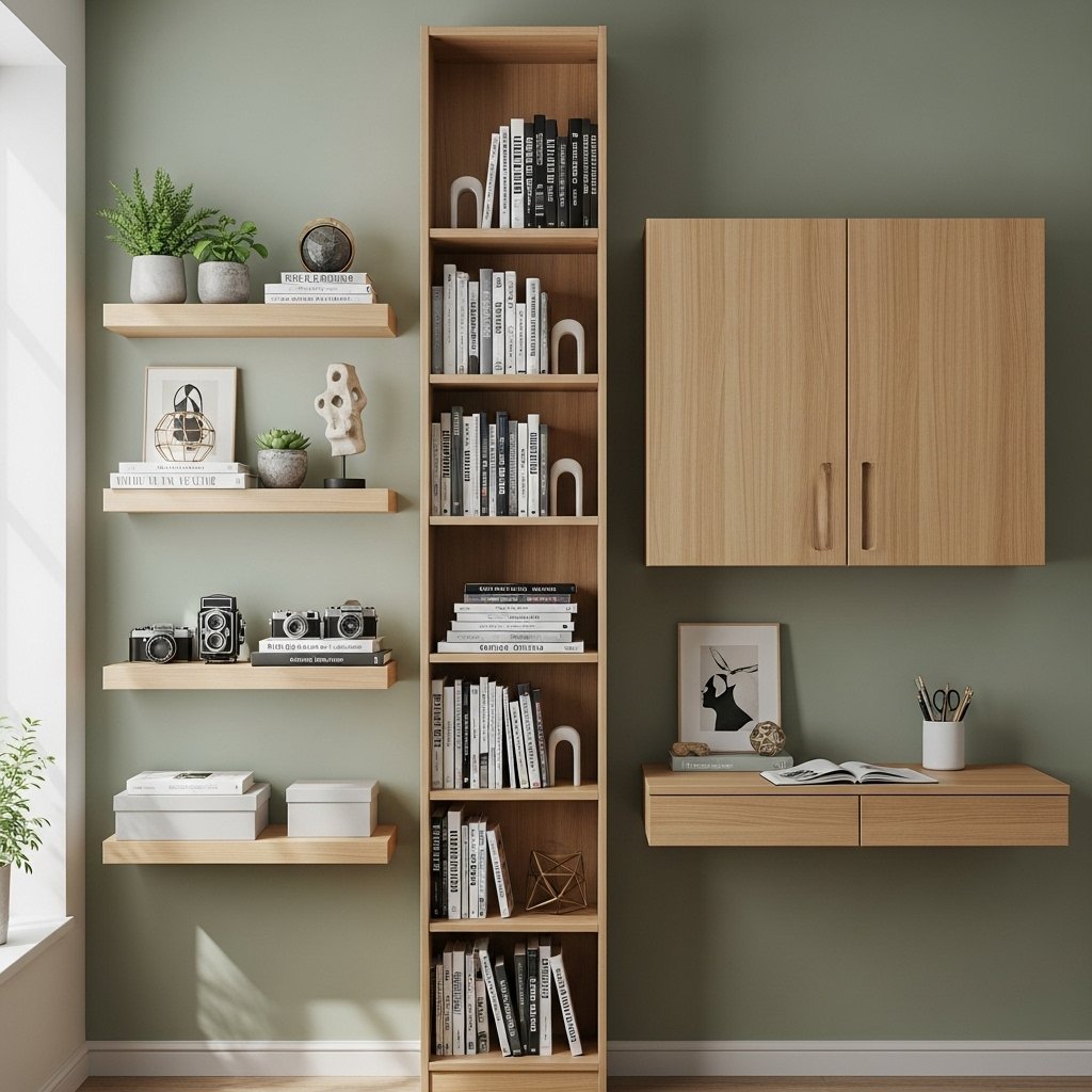 "Space-saving bedroom with vertical wall storage"