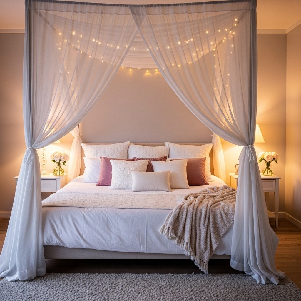 Elegant romantic canopy bed with drapes