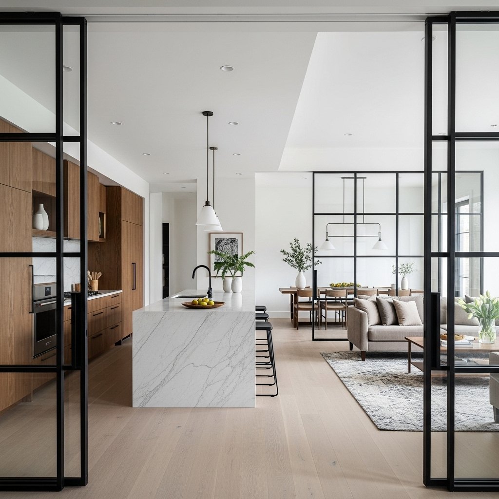 Stylish glass partition accents in interiors
