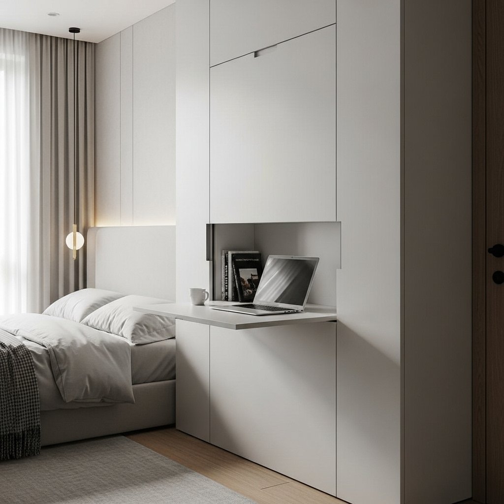 "Bedroom featuring hidden workstation with storage"