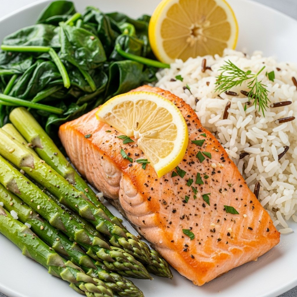 Nutritious Friday salmon with rice greens
