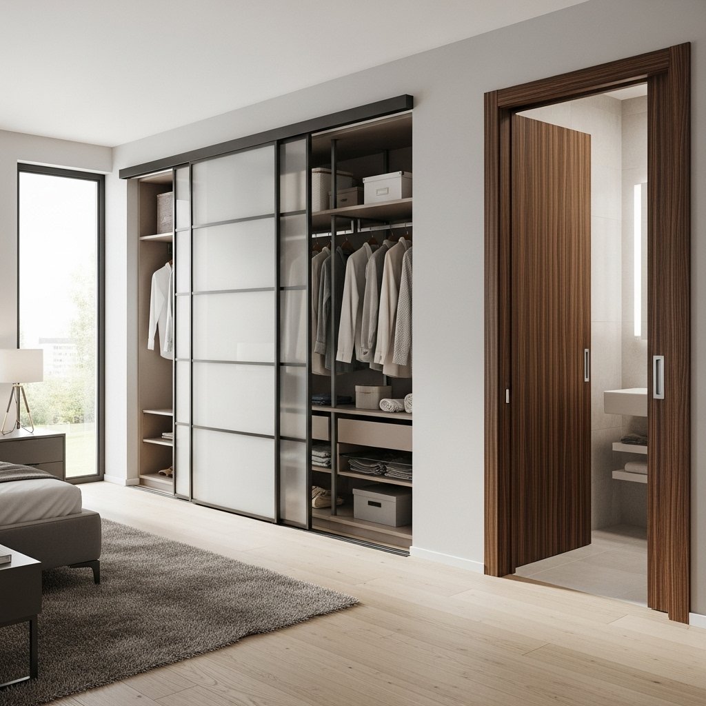 "Modern bedroom with stylish sliding doors"