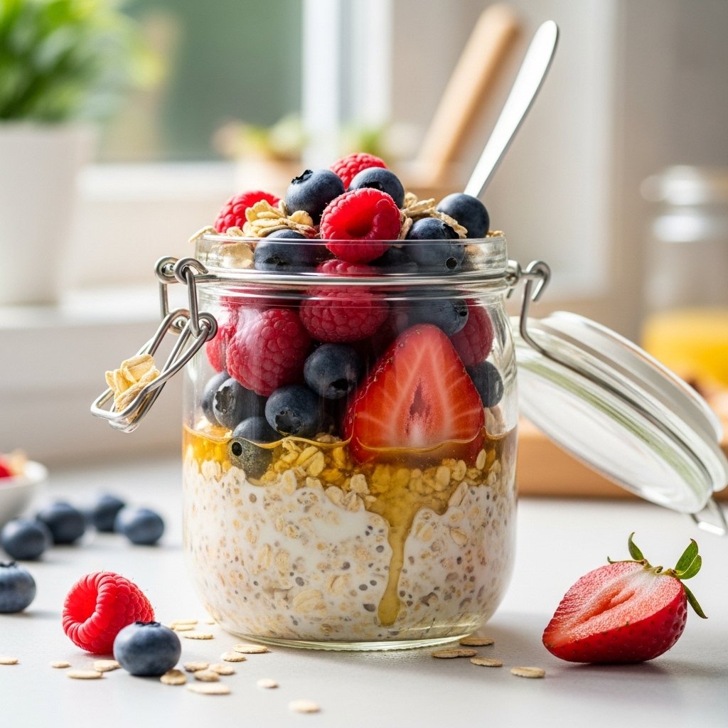Creamy overnight oats topped with fruit