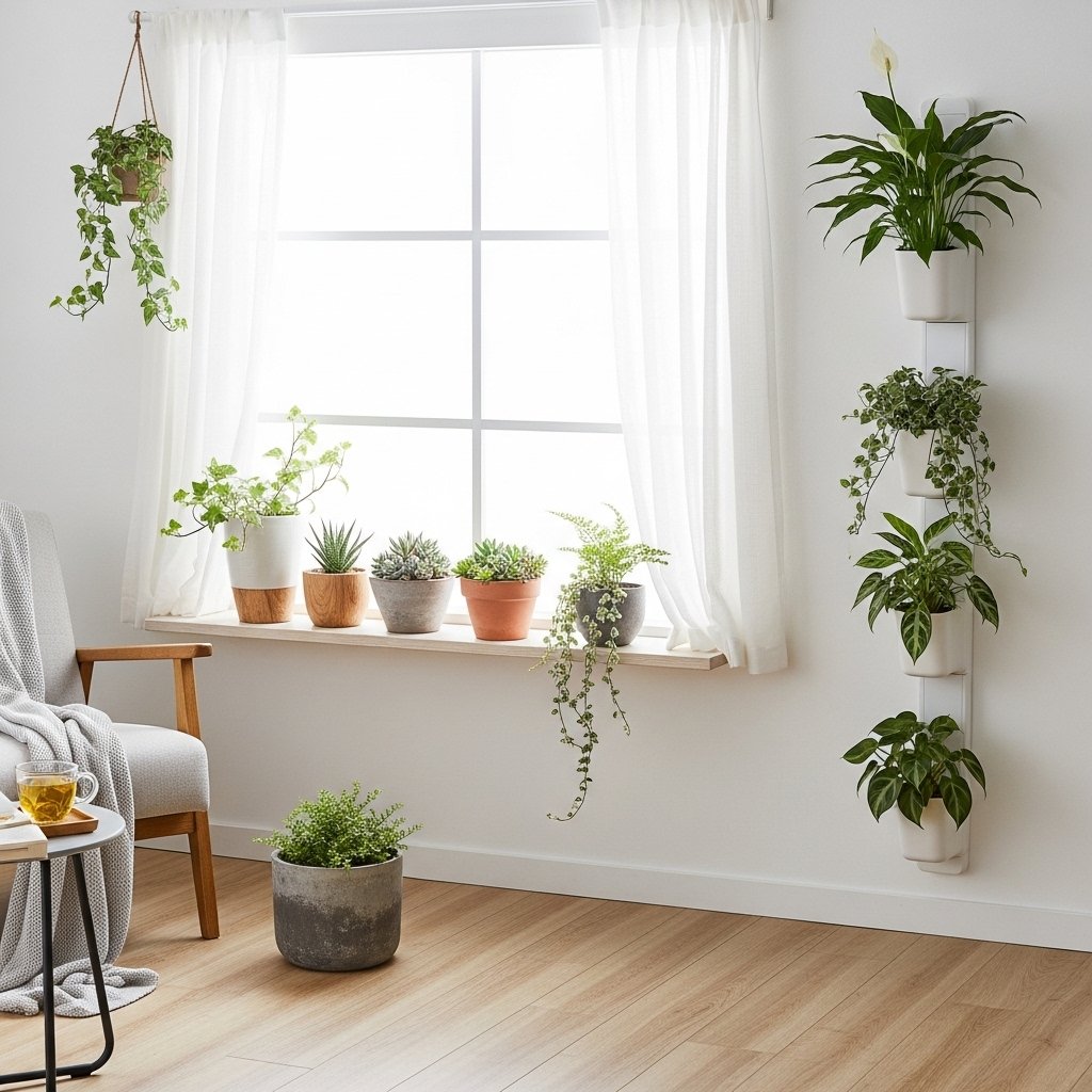 "Bedroom decorated with calming indoor greenery"