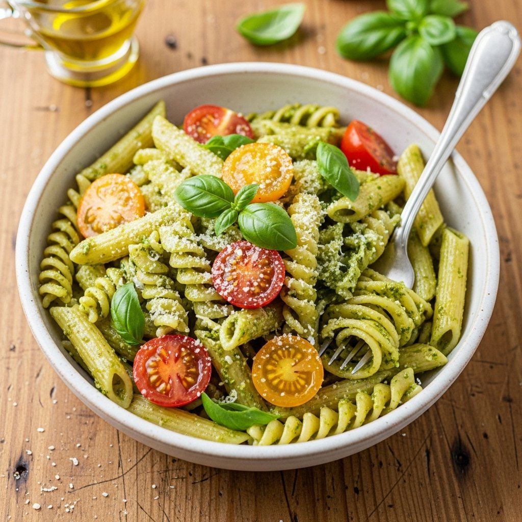 Delicious quick pesto pasta with basil