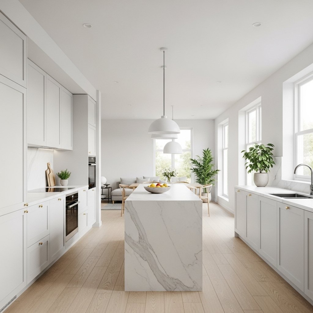 Sleek minimalist white open kitchen design