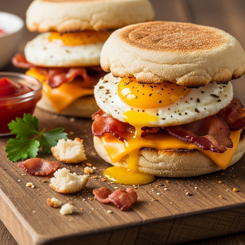 Breakfast sandwiches with eggs, cheese, and meat
