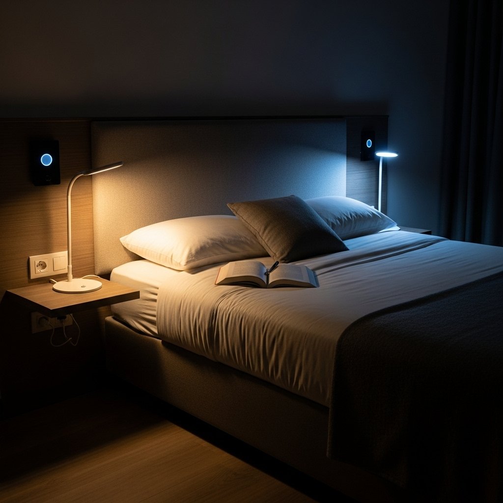 "Bedroom with dual-zone lighting for couples"