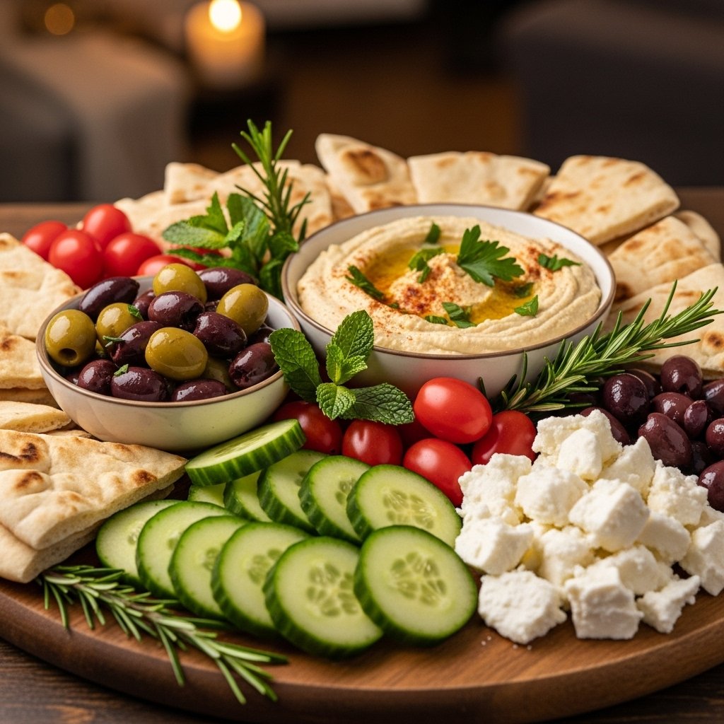 Colourful Mediterranean snack platter with dips