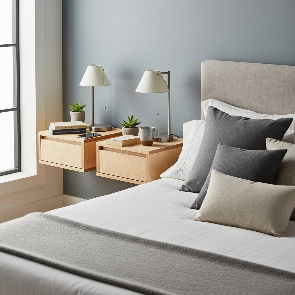 "Modern bedroom with sleek floating nightstands"
