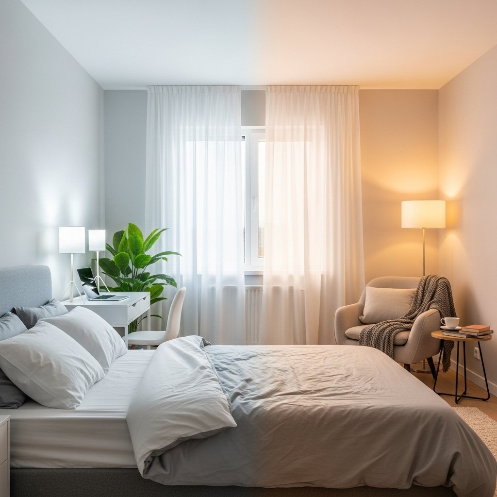 "Romantic bedroom with mood-enhancing lighting"