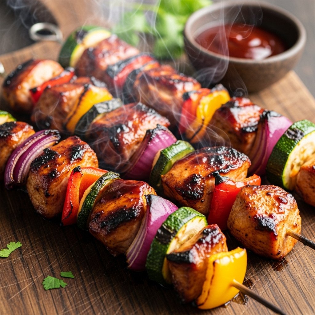 Grilled BBQ chicken skewers with vegetables