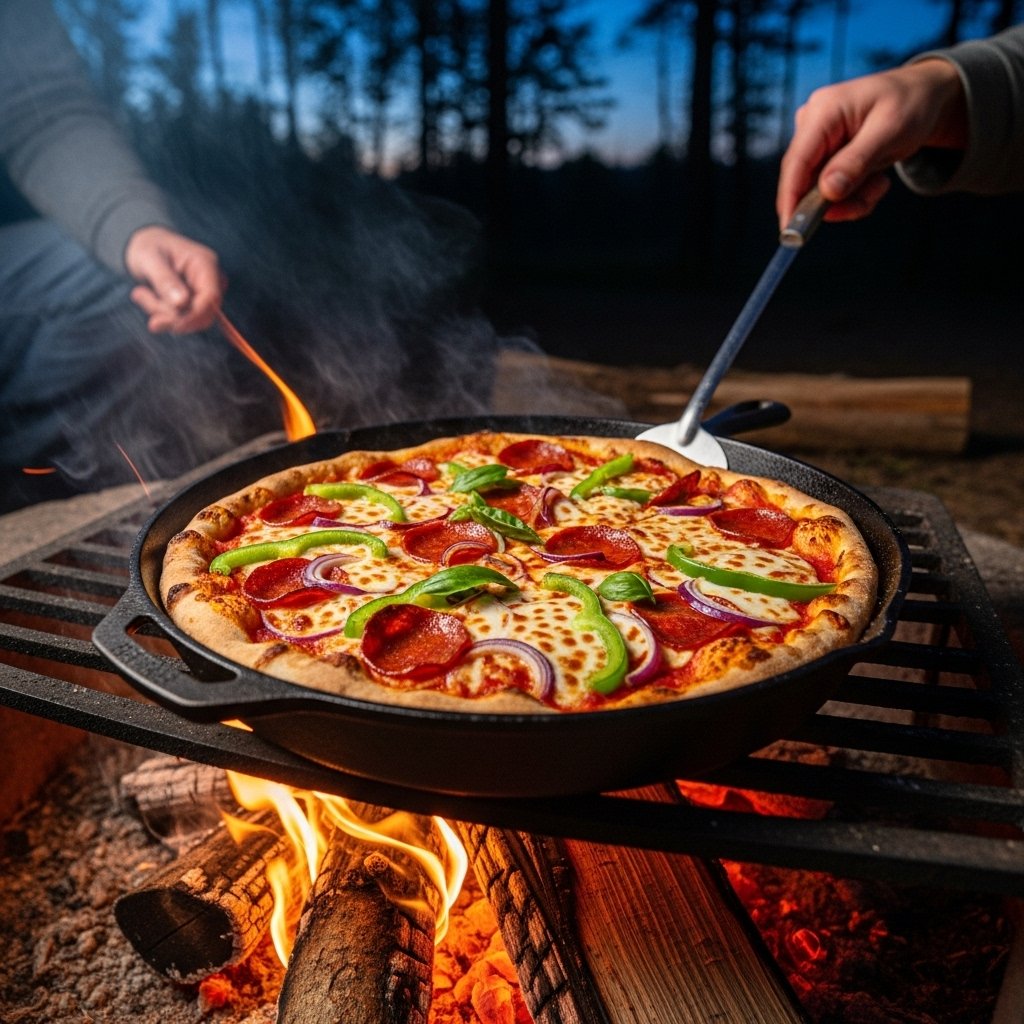 Campfire pizza with melted cheese and toppings
