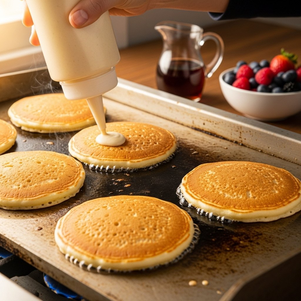 Fluffy pancakes cooking on a hot griddle