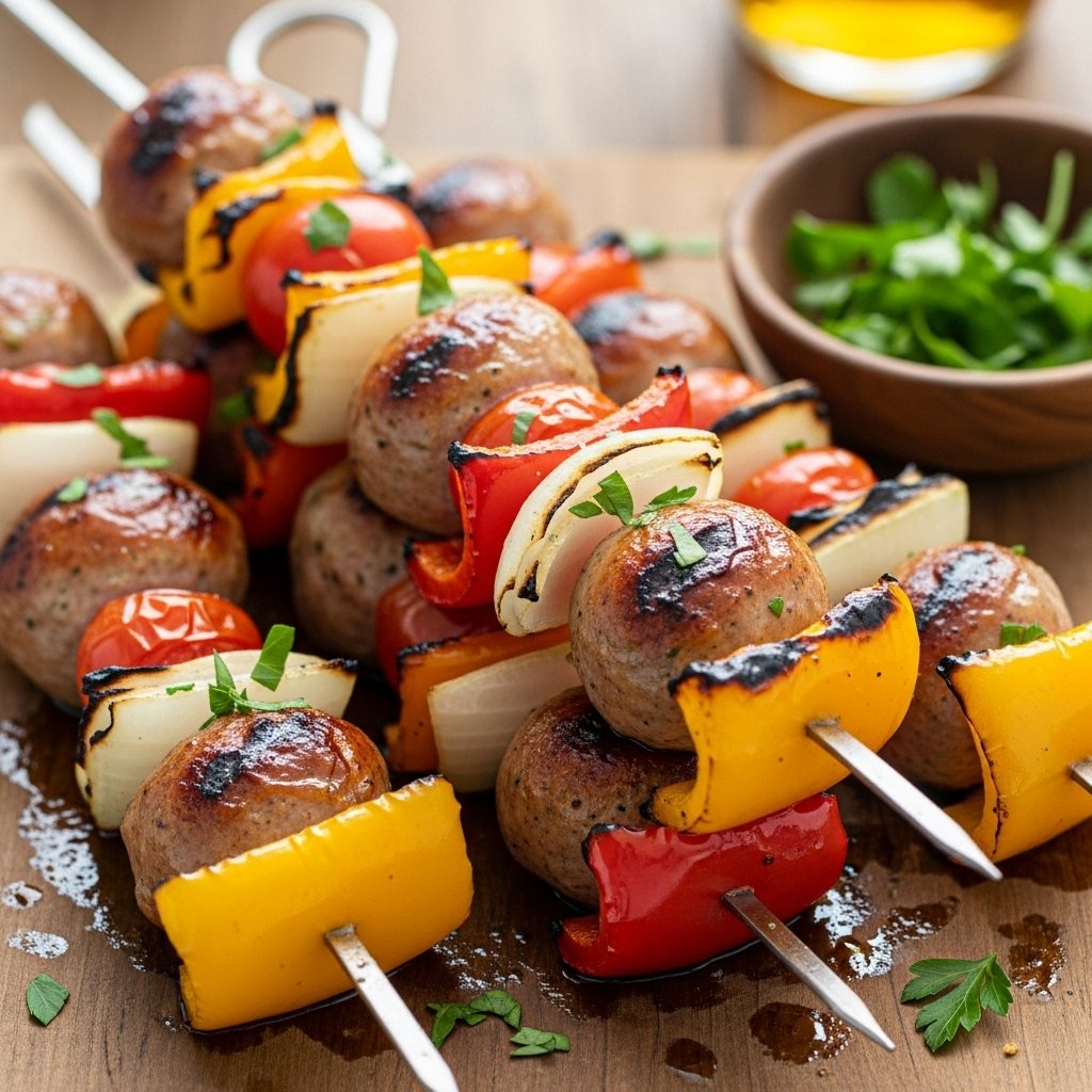 Grilled sausages with colourful bell peppers