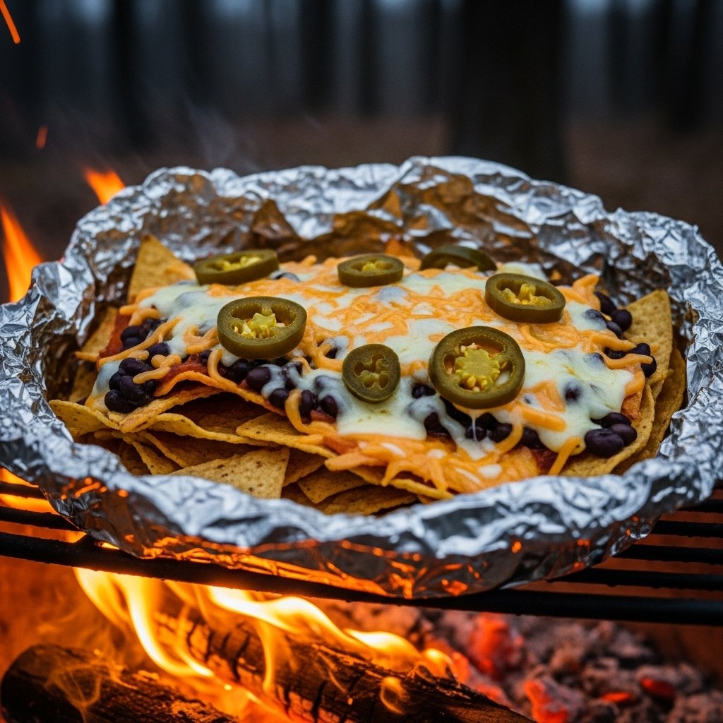 Crispy tin-foil nachos loaded with toppings