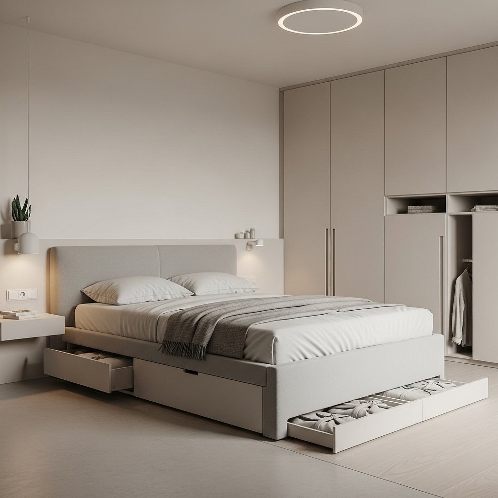 "Minimalist bedroom design with hidden storage"