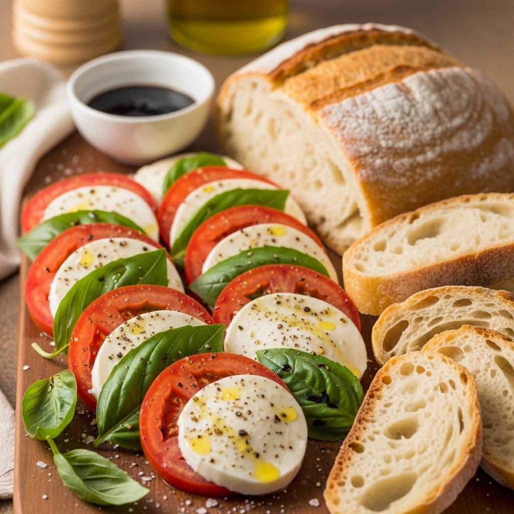 Fresh caprese salad with crusty bread