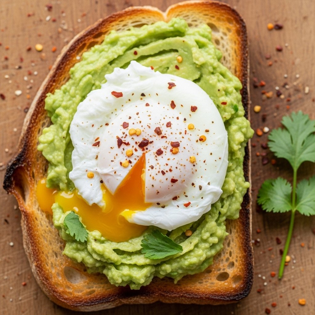 Avocado toast topped with fresh eggs