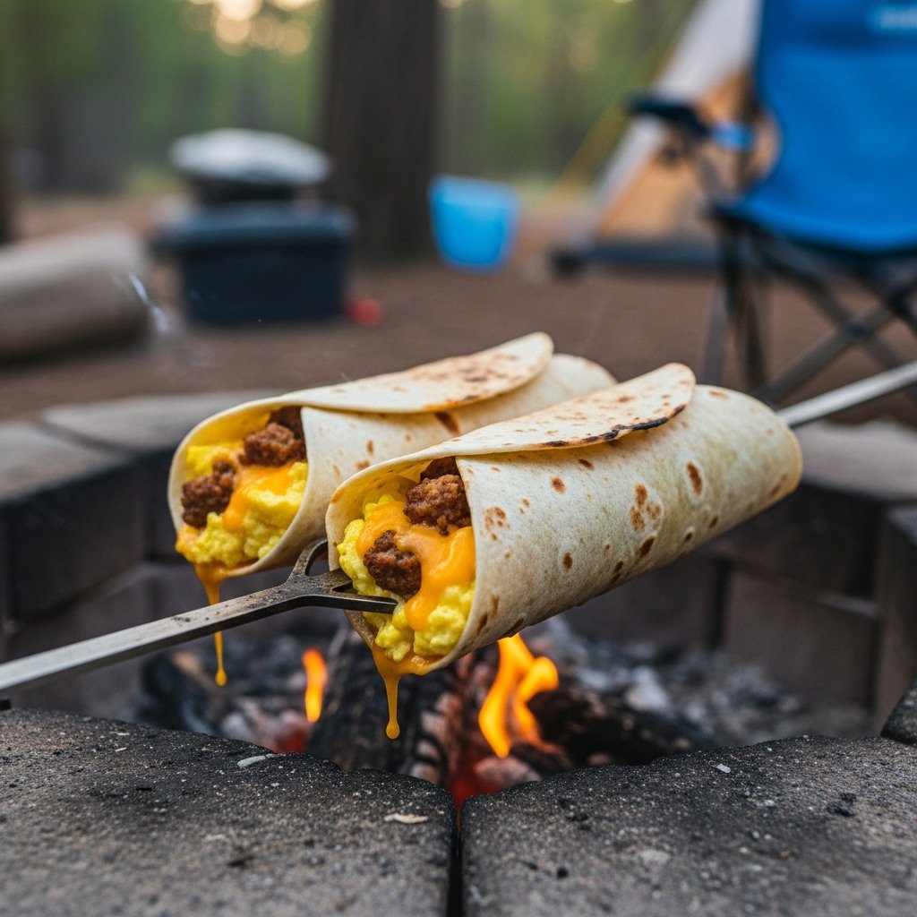 Cheesy campfire breakfast burritos with eggs