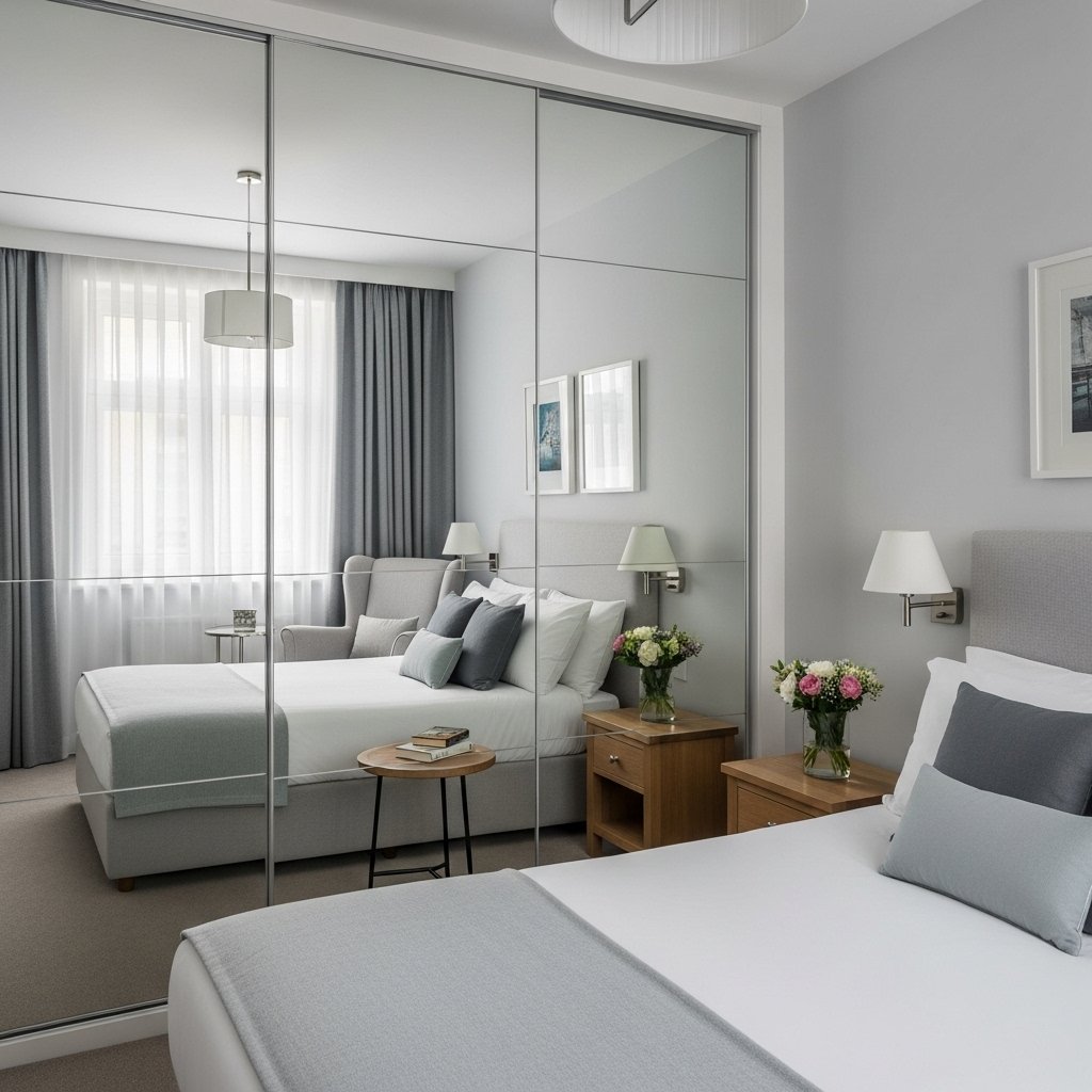 "Bedroom mirrors creating spacious open illusion"