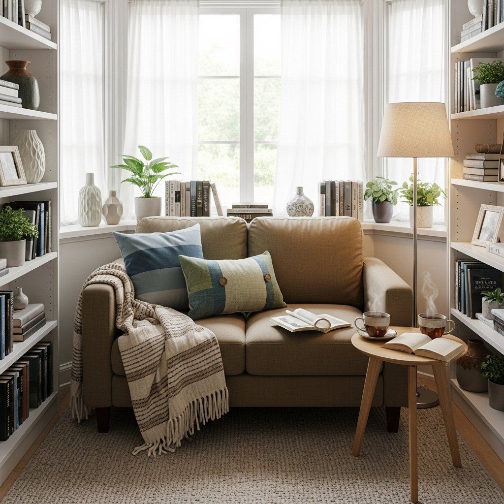 "Cozy couples' reading nook with comfy seating"