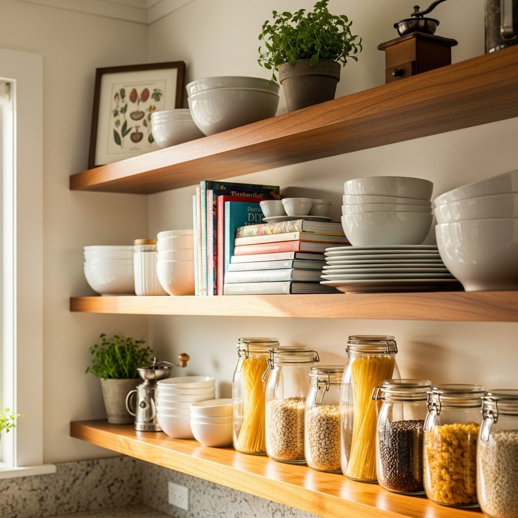 Open Kitchen Shelving in Warm Wood