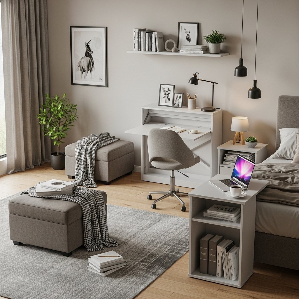 "Bedroom with stylish multi-functional modern furniture"