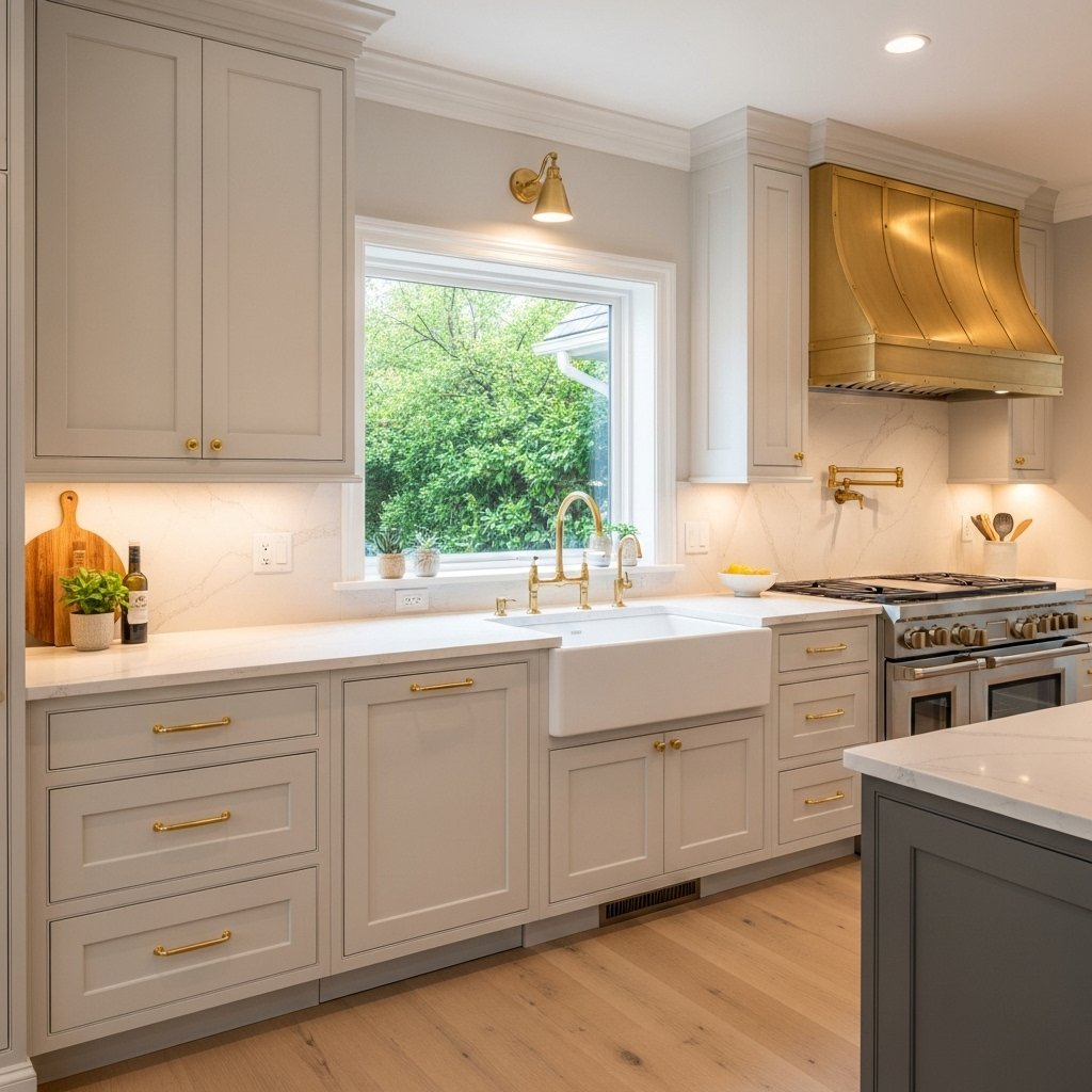 Cream Kitchen Cabinets with Brass Hardware