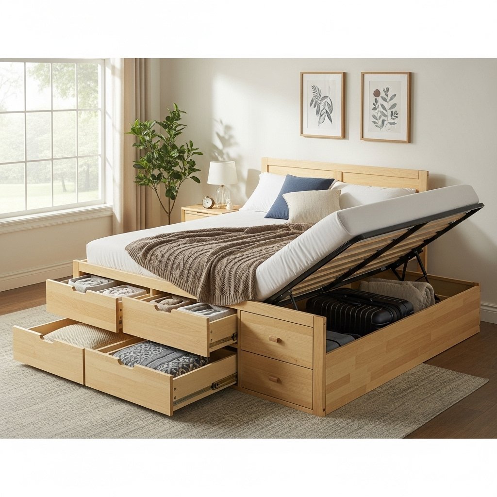 "Bedroom with built-in storage space beds"