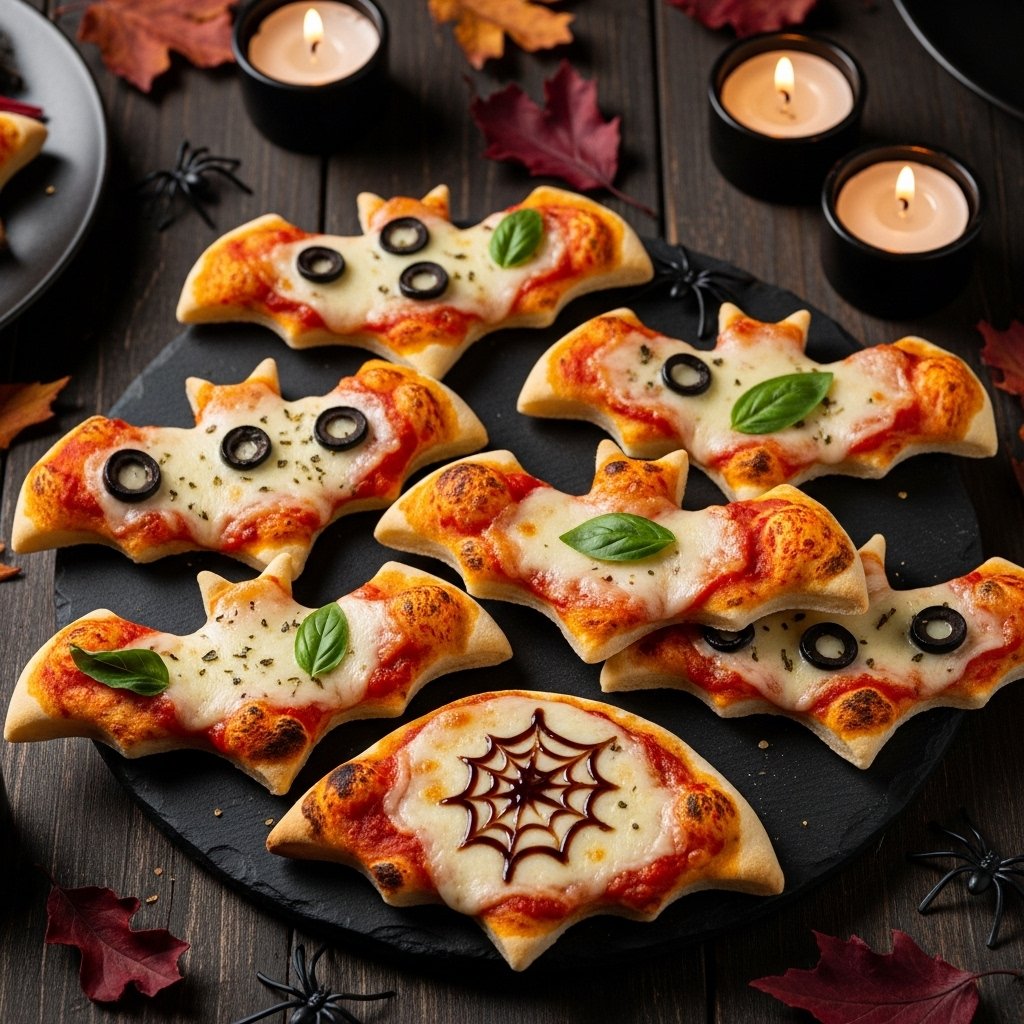 Bat-shaped mini pizzas Halloween snack