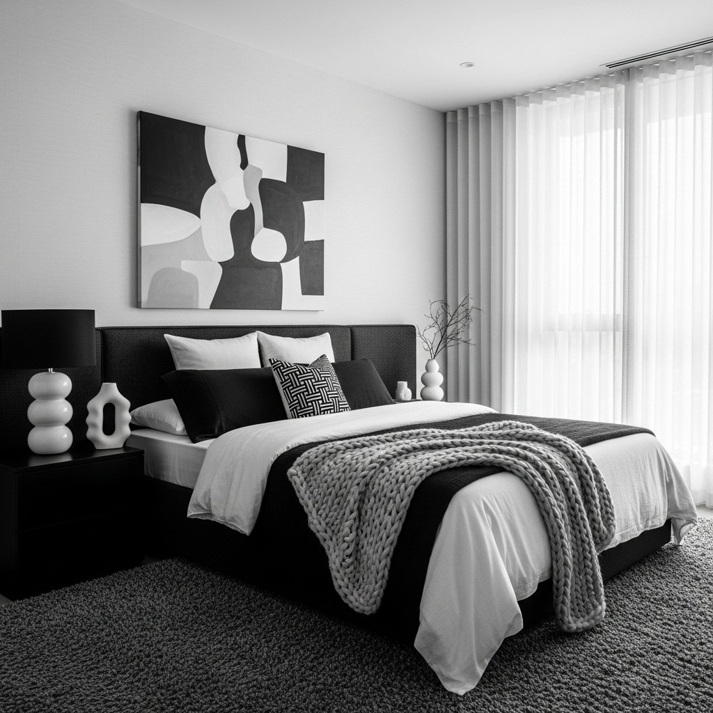 Monochrome black and white bedroom design
