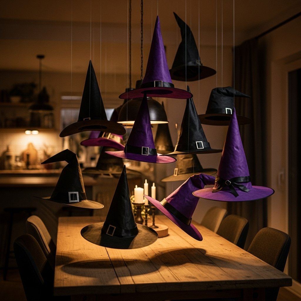 Hang floating witch hats for Halloween