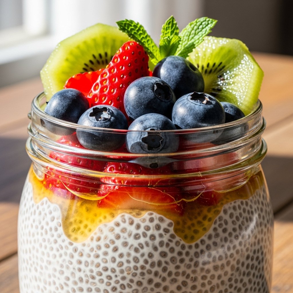 Chia pudding with fruits and nuts
