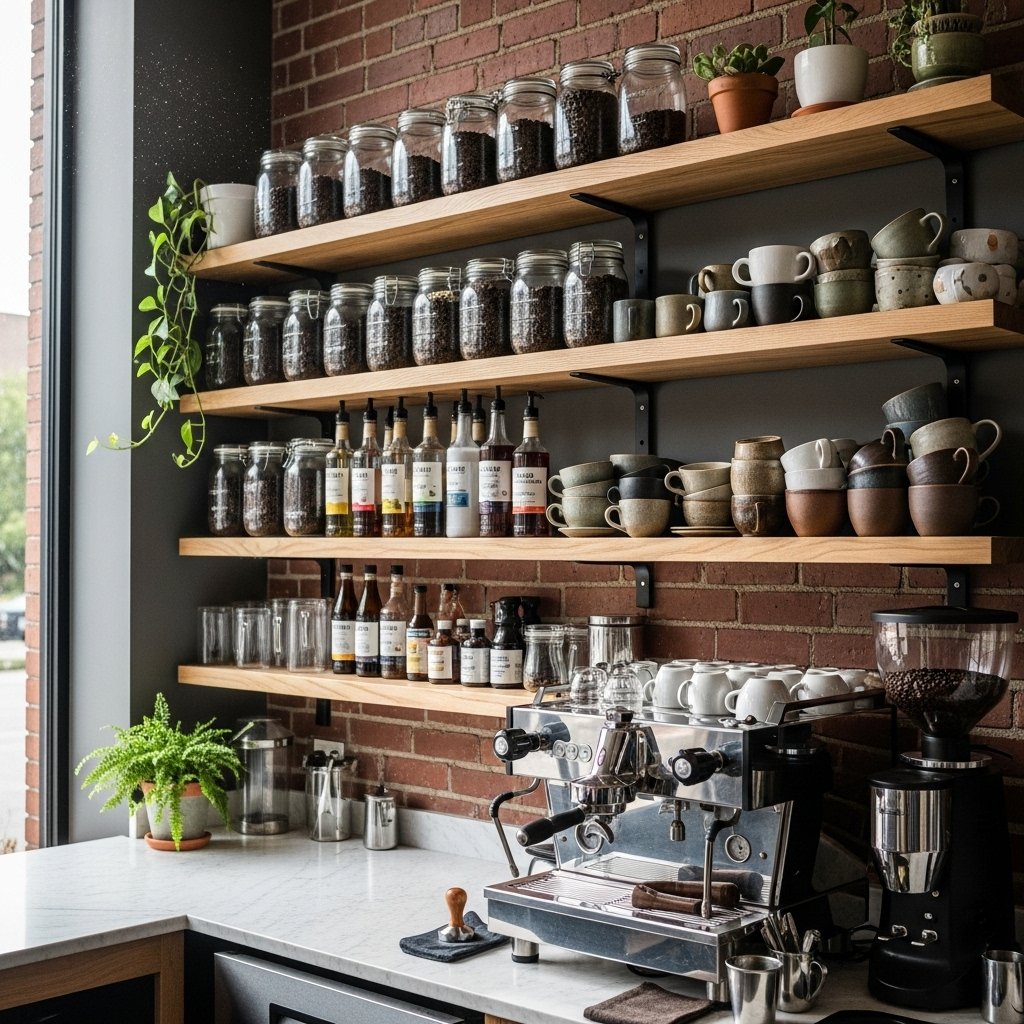 Open shelf coffee display with mugs