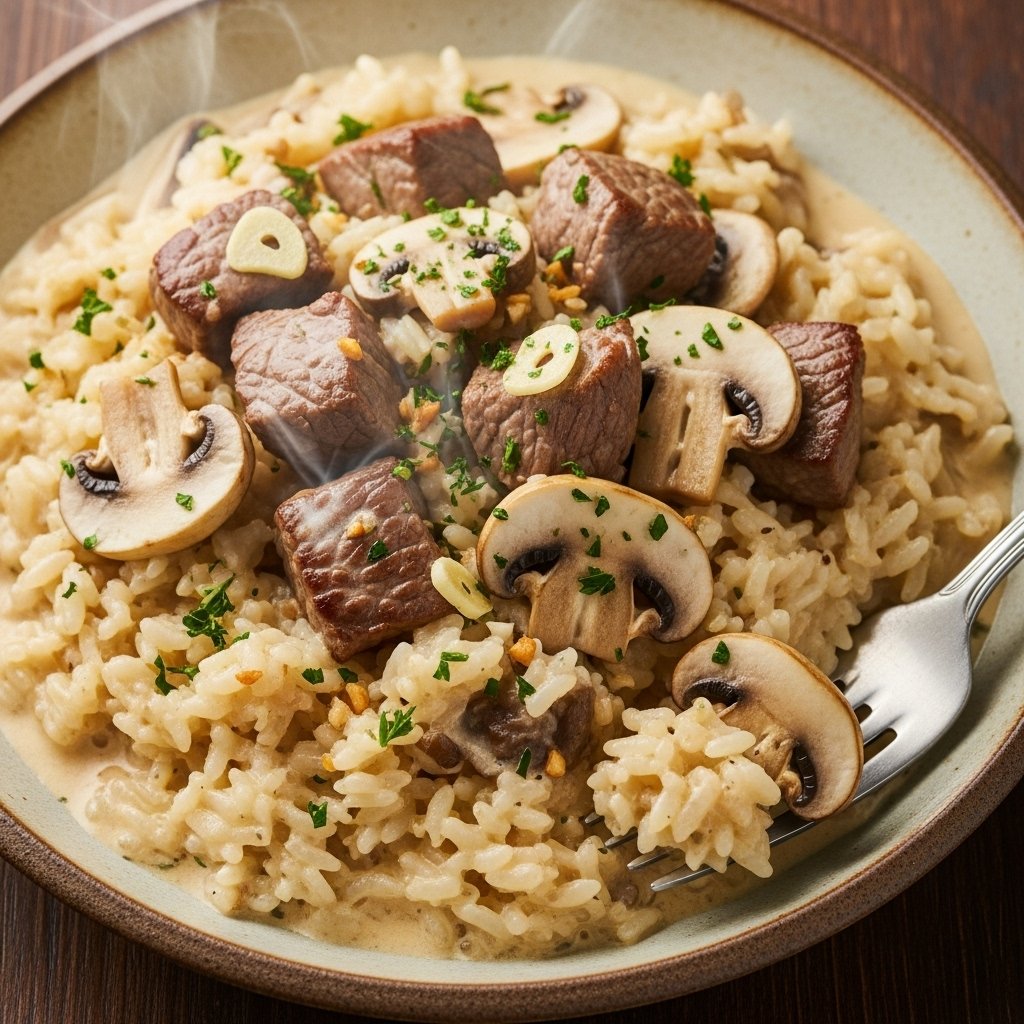 Creamy beef and mushroom rice recipe