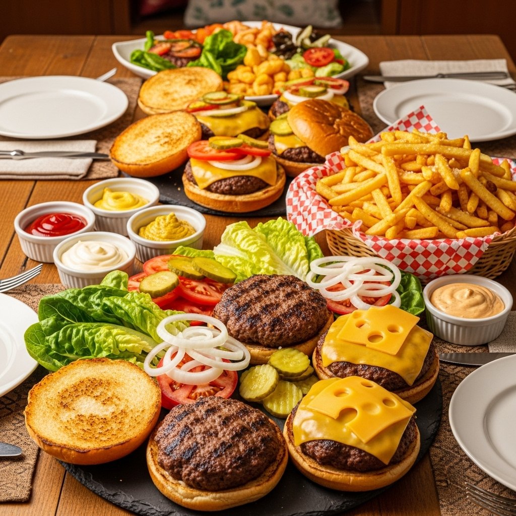 Homemade burgers and fries meal
