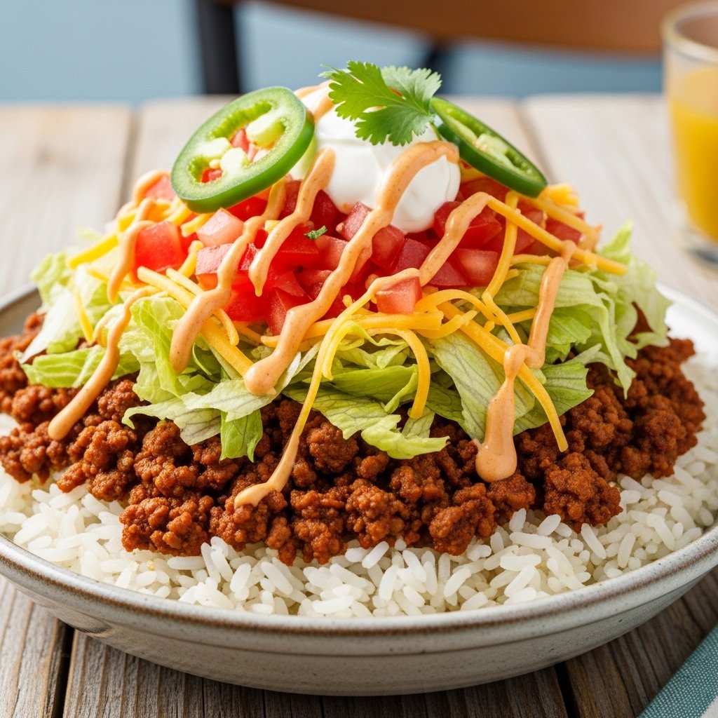 Taco rice with seasoned ground beef