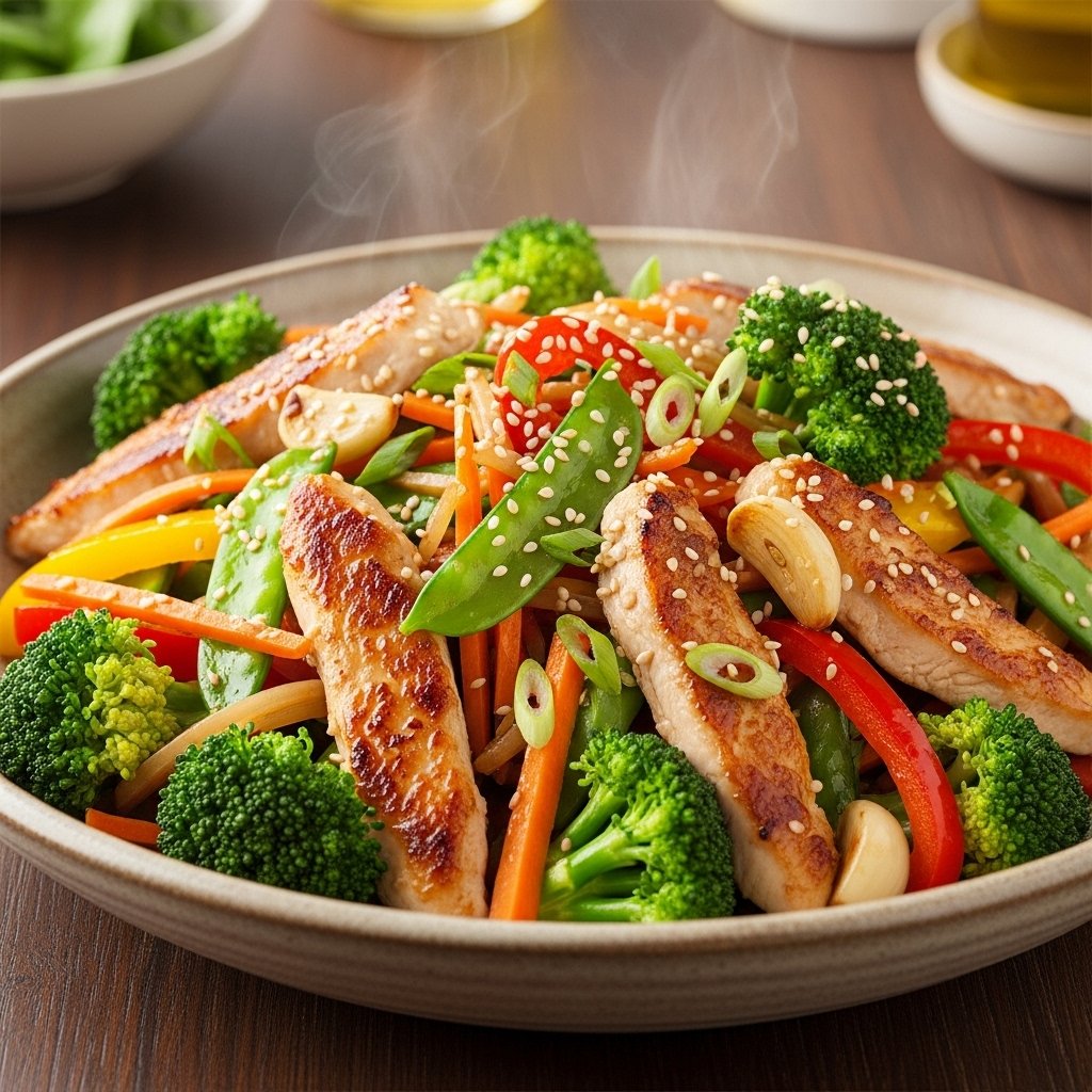 Chicken stir-fry with vegetables and sauce