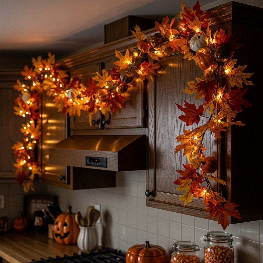 Halloween garland on cabinets for décor