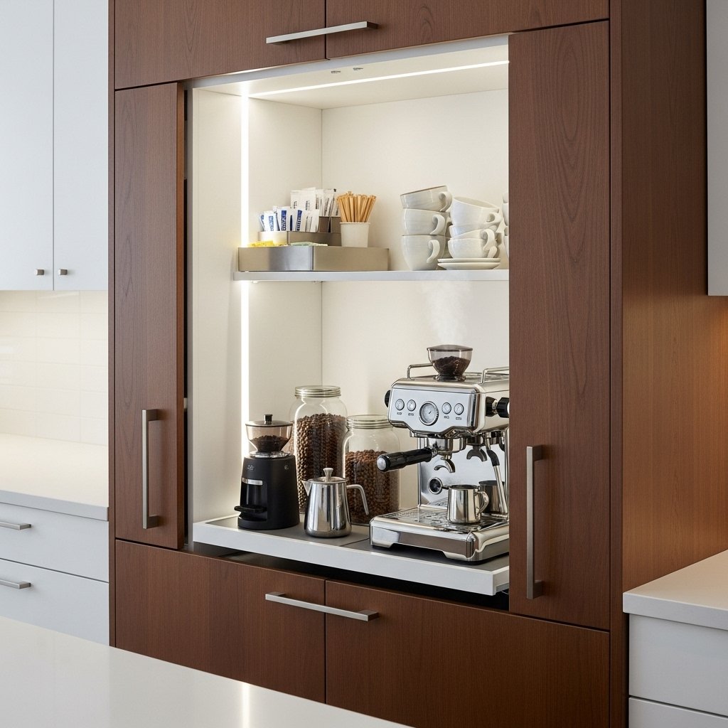 Hidden cabinet coffee bar with storage