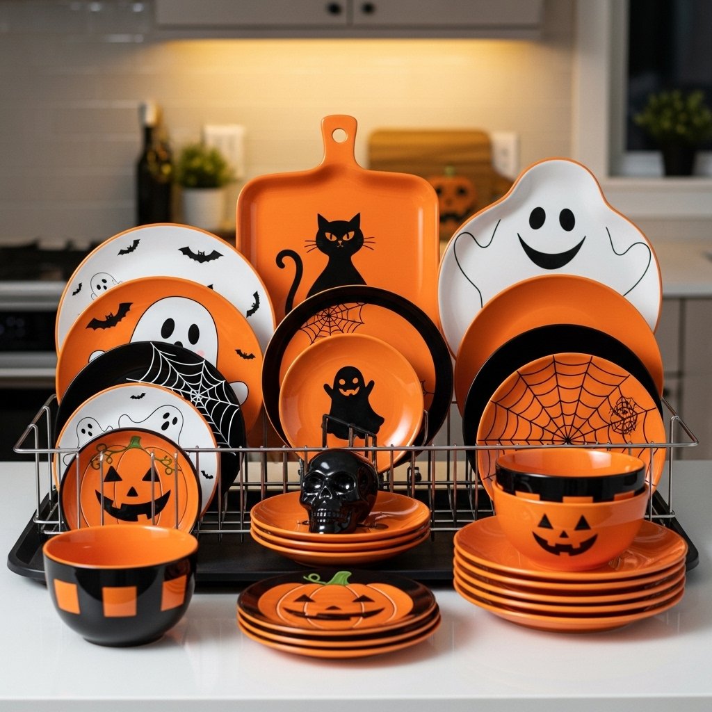 Halloween dish rack setup for kitchen décor