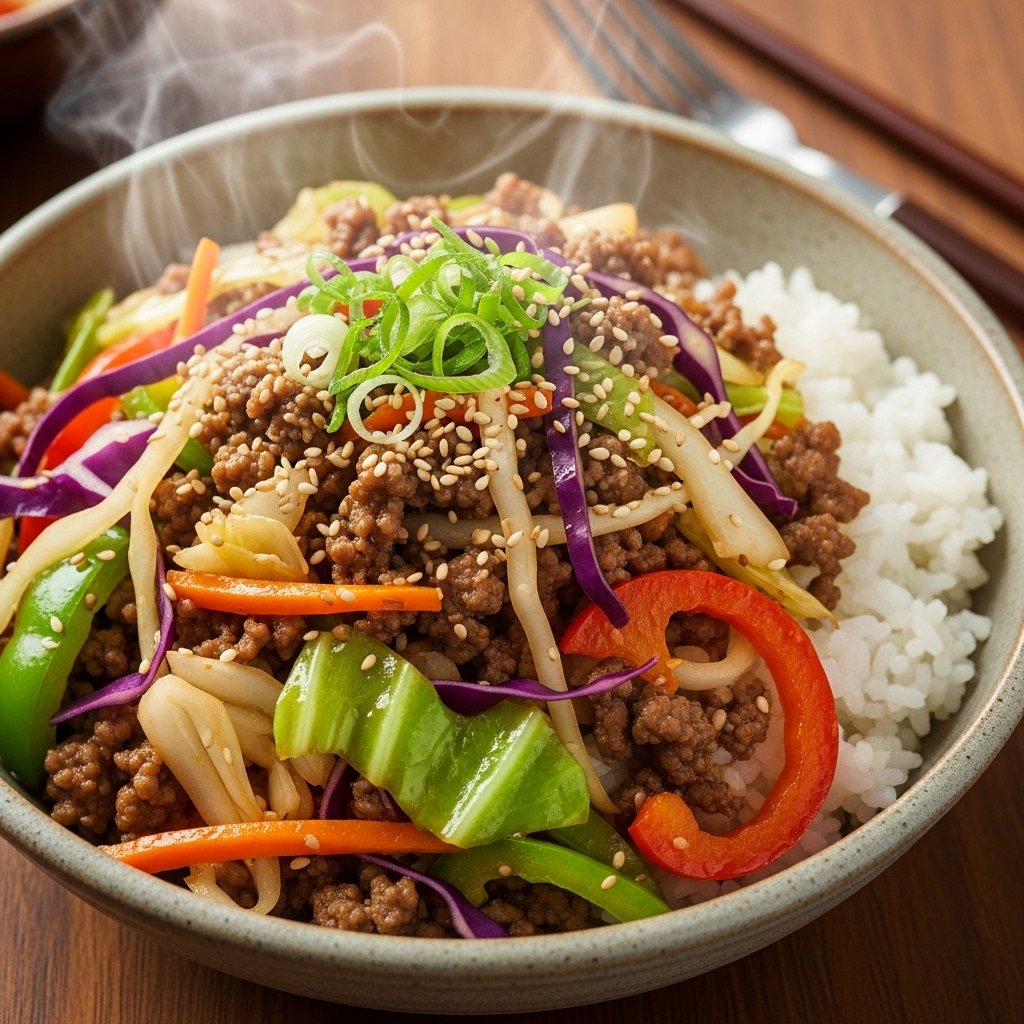 Ground beef and cabbage rice stir-fry recipe