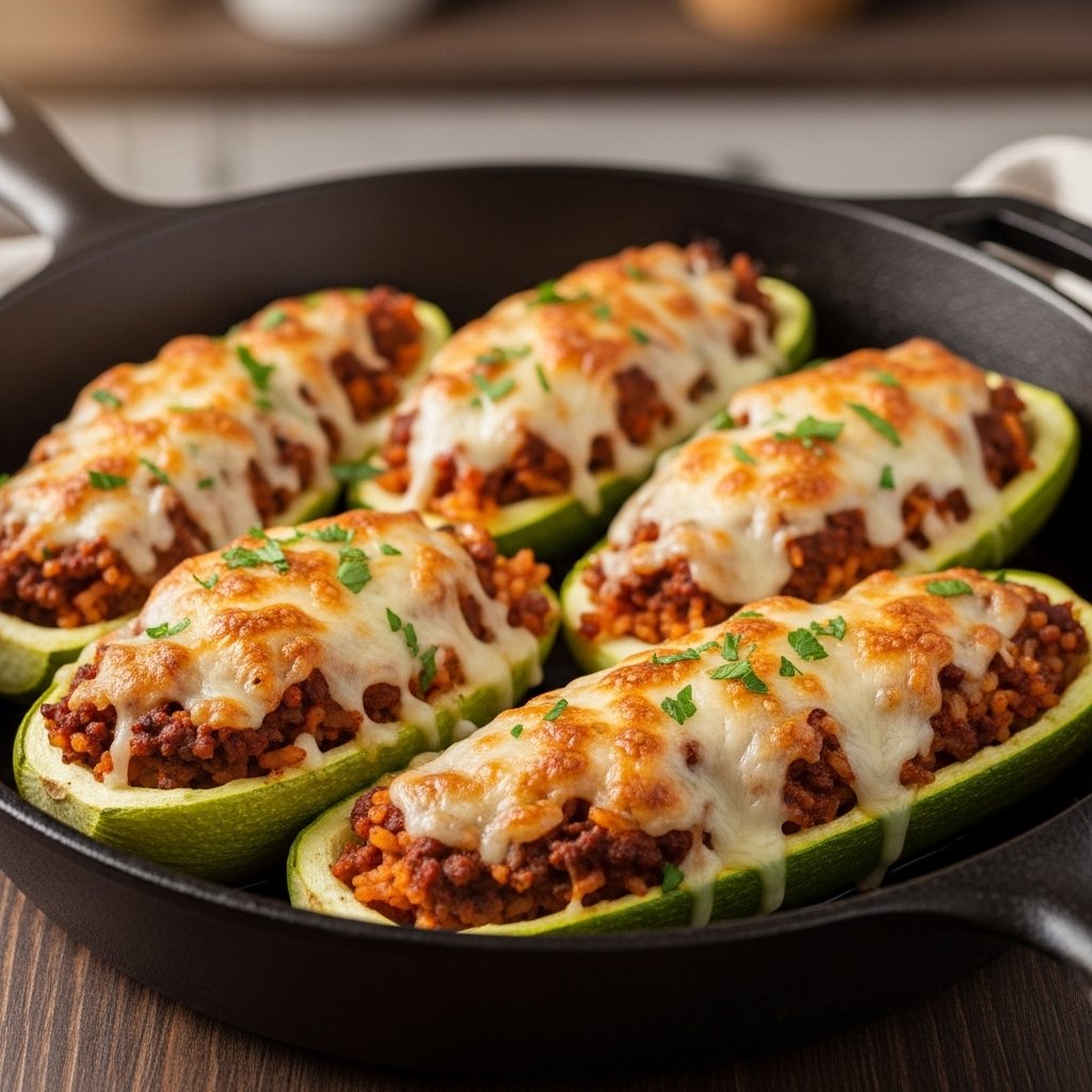 Beef and rice stuffed zucchini boats recipe